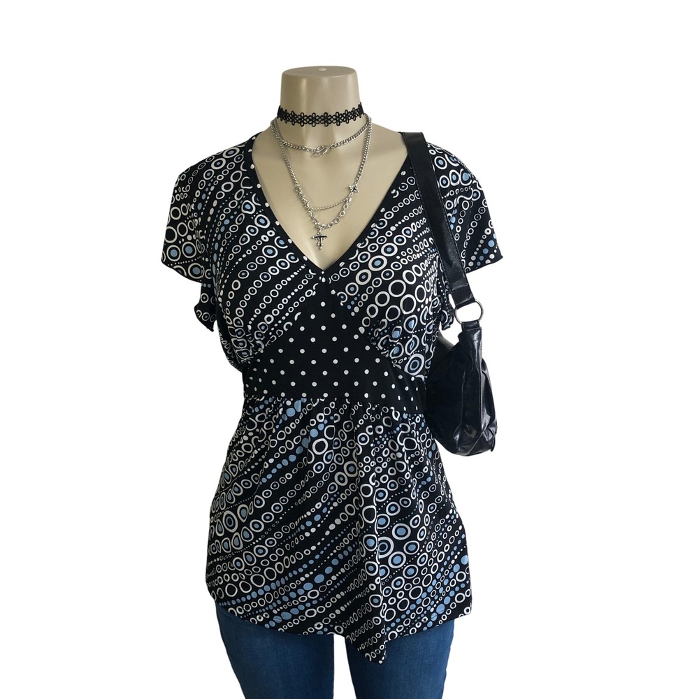 Vintage Y2K Geometric Bubble Dot Top Black Blue Made in USA Womens L Mod